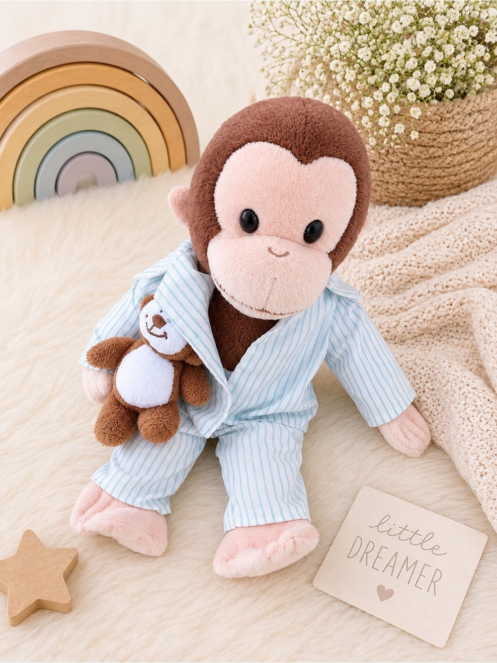 Y2K Curious George Stuffed Monkey Animal in Pajamas w/ Teddy Bear Lovey Toy